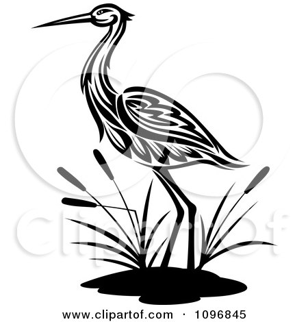 Clipart Black And White Crane Wading By Cattails - Royalty Free Vector Illustration by Vector Tradition SM