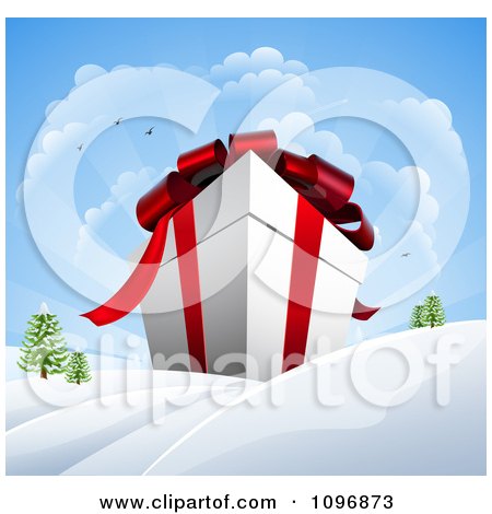 Clipart 3d Huge Christmas Gift Box In A Winter Landscape With Snow And Sunshine - Royalty Free Vector Illustration by AtStockIllustration