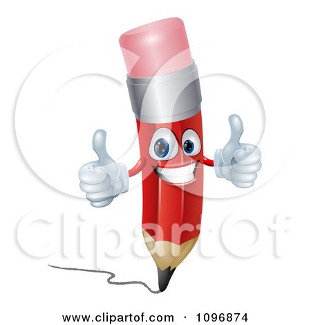 Clipart 3d Happy Red Pencil Holding Two Thumbs Up - Royalty Free Vector Illustration by AtStockIllustration