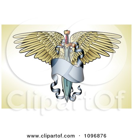 Clipart Winged Sword With A Long Blue Banner Tattoo Design - Royalty Free Vector Illustration by AtStockIllustration