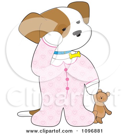 Clipart Cute Sleepy Puppy In Pajamas Holding A Teddy Bear - Royalty Free Vector Illustration by Maria Bell