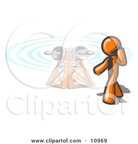 Orange Businessman Talking on a Cell Phone, a Communications Tower in the Background Clipart Illustration by Leo Blanchette
