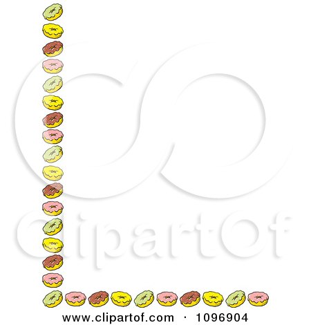 Clipart Left And Bottom Border Of Green Pink Brown And Yellow Donuts - Royalty Free Vector Illustration by Johnny Sajem