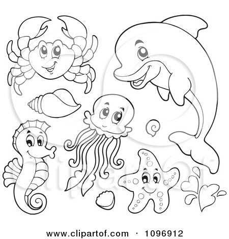 Clipart Outlined Cute Crab Dolphin Squid Seahorse And Starfish - Royalty Free Vector Illustration by visekart