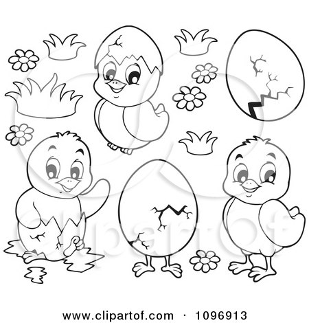 Clipart Outlined Hatching Spring Chicks Flowers And Eggs - Royalty Free Vector Illustration by visekart
