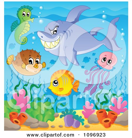 Clipart Shark And Cute Sea Creatures Over Corals - Royalty Free Vector Illustration by visekart