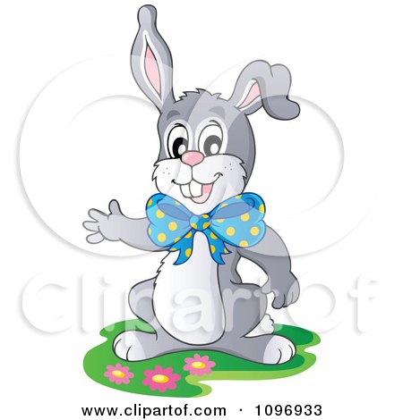Clipart Happy Easter Rabbit Wearing A Bow And Presenting - Royalty Free Vector Illustration by visekart