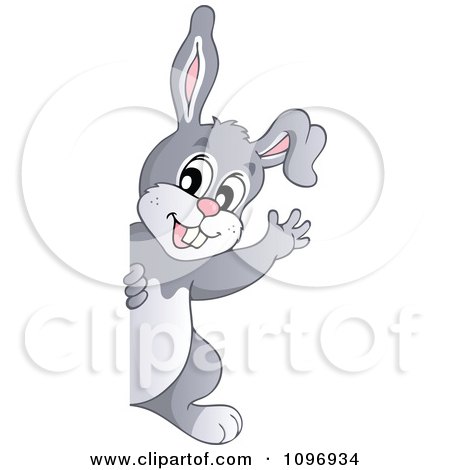 Clipart Happy Easter Rabbit Waving Around A Sign - Royalty Free Vector Illustration by visekart