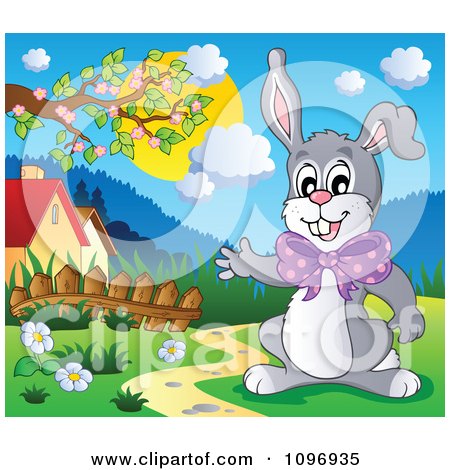 Clipart Happy Easter Rabbit Waving In A Meadow - Royalty Free Vector Illustration by visekart