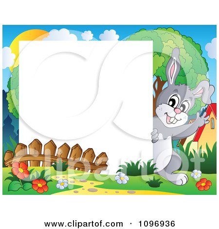 Clipart Happy Easter Rabbit Waving Around A Frame - Royalty Free Vector Illustration by visekart