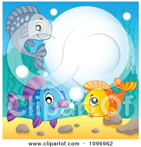 Clipart Three Happy Fish With A Bubble Frame Underwater - Royalty Free Vector Illustration by visekart