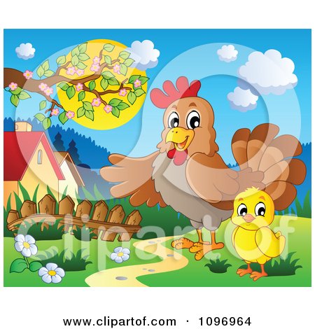 Clipart Rooster Showing A Chick A Meadow - Royalty Free Vector Illustration by visekart