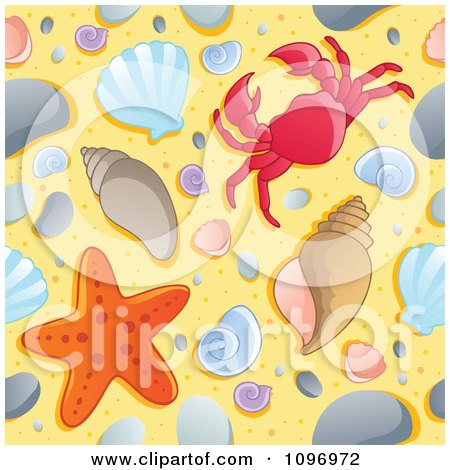 Clipart Seamless Beach Background Of Shells Starfish And A Crab On The Sand - Royalty Free Vector Illustration by visekart