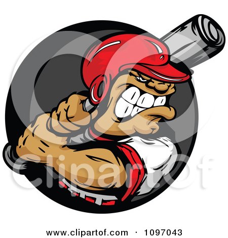 Clipart Buff Baseball Athlete In A Helmet Ready To Swing A Bat Over A Gray And Black Circle - Royalty Free Vector Illustration by Chromaco