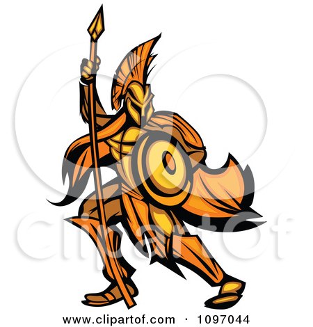Clipart Gold And Orange Spartan Warrior Armed With A Spear And Shield - Royalty Free Vector Illustration by Chromaco