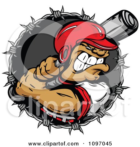 Clipart Buff Baseball Player In A Helmet Ready To Swing A Bat Over A Barbed Wire Circle - Royalty Free Vector Illustration by Chromaco