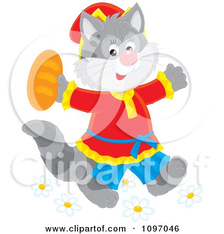 Clipart Happy Cat In Clothes Walking Upright And Holding Bread - Royalty Free Vector Illustration by Alex Bannykh