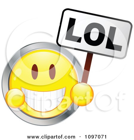 Clipart Yellow And Chrome Cartoon Smiley Emoticon Face Laughing And Holding An Lol Sign - Royalty Free Vector Illustration by beboy