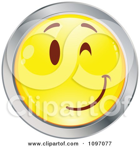 Clipart Flirty Winking Yellow And Chrome Cartoon Smiley Emoticon Face 3 - Royalty Free Vector Illustration by beboy