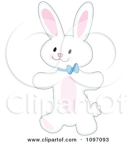 Clipart Cute Happy White Bunny Walking Upright And Wearing A Blue Bow - Royalty Free Vector Illustration by Maria Bell