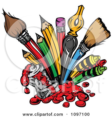 Clipart Messy Spilling Red Tube Of Paint And Art Supplies - Royalty Free Vector Illustration by Chromaco