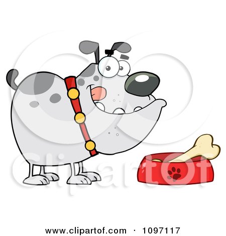 Clipart Gray Bulldog With A Bone In His Dish Bowl - Royalty Free Vector Illustration by Hit Toon