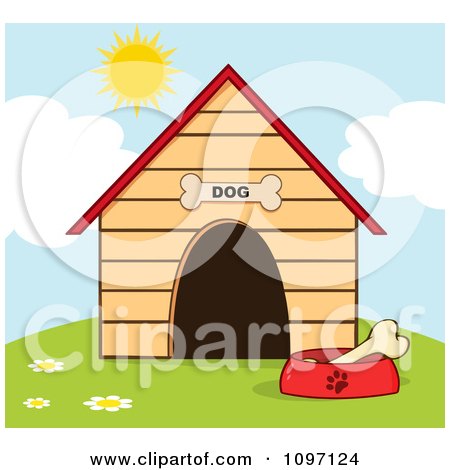 Clipart Bone In A Dish Outside A Dog House - Royalty Free Vector Illustration by Hit Toon