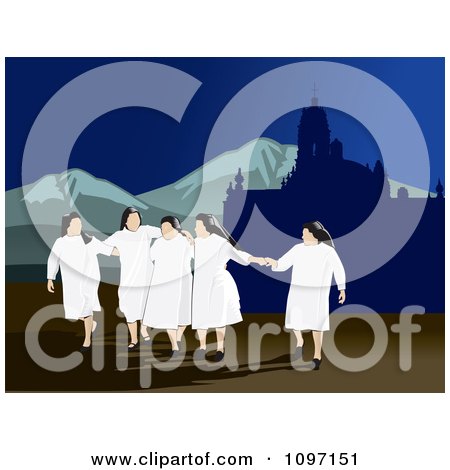 Clipart Group Of Happy Nuns Holding Hands And Walking Outdoors - Royalty Free Vector Illustration by David Rey