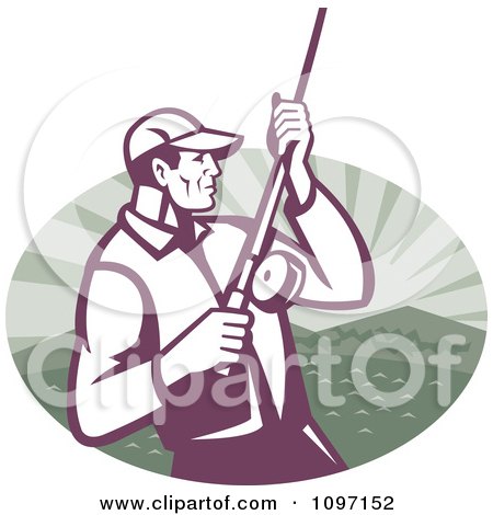 Clipart Retro Fly Fisherman Reeling In His Catch On A Lake Shore Over A Mountain And Water Oval - Royalty Free Vector Illustration by patrimonio