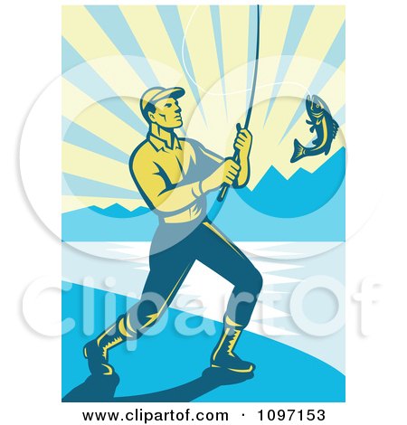 Clipart Retro Fly Fisherman Reeling In A Largemouth Bass On A Beach - Royalty Free Vector Illustration by patrimonio