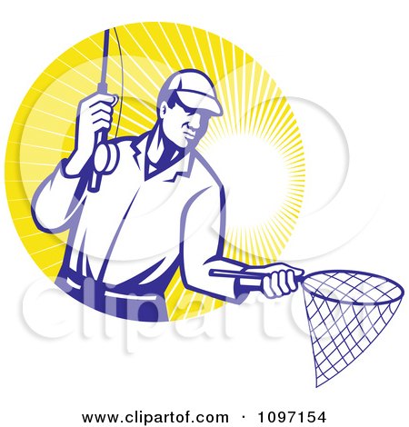 Clipart Retro Fly Fisherman Holding Out A Fishing Net Over A Circle Of Sun Rays - Royalty Free Vector Illustration by patrimonio