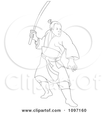 Clipart Outlined Japanese Samurai Warrior Holding A Katana Sword - Royalty Free Vector Illustration by patrimonio