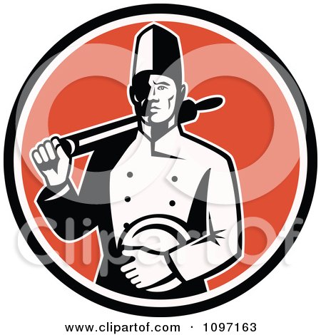Clipart Proud Retro Male Chef Holding A Plate And Rolling Pin Over An Orange Circle - Royalty Free Vector Illustration by patrimonio
