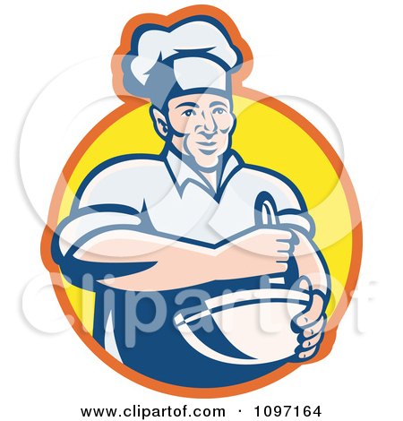 Clipart Happy Retro Male Chef Using A Mixing Bowl Over A Yellow Circle - Royalty Free Vector Illustration by patrimonio