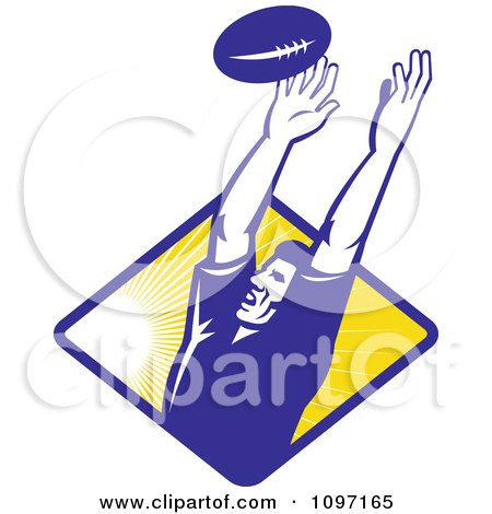 Clipart Retro Blue Rugby Player Catching A Line-Out Ball Over A Ray Diamond - Royalty Free Vector Illustration by patrimonio