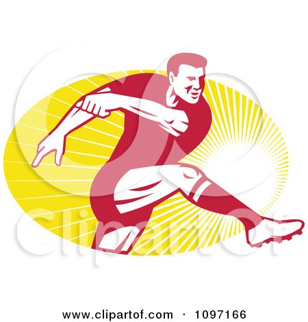 Clipart Retro Male Rugby Player Kicking The Ball Over Rays - Royalty Free Vector Illustration by patrimonio
