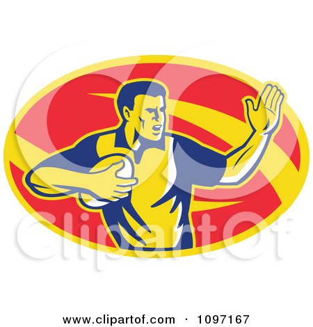 Clipart Retro Male Rugby Player Fending The Ball - Royalty Free Vector Illustration by patrimonio
