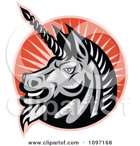 Clipart Retro Woodcut Angry Gray Unicorn Head Over Orange Rays - Royalty Free Vector Illustration by patrimonio