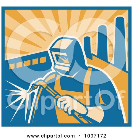 Clipart Retro Welder Using A Torch With Factory Smoke Stacks And Rays - Royalty Free Vector Illustration by patrimonio