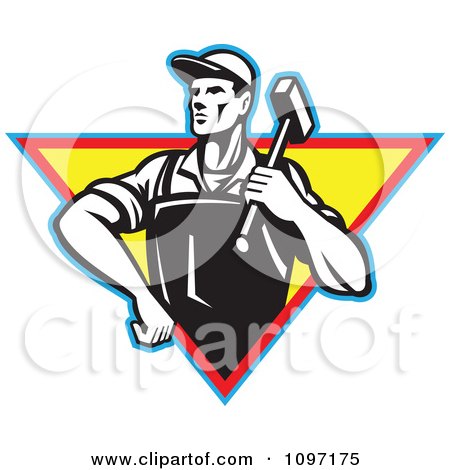 Clipart Retro Factory Blacksmith Worker Carrying A Hammer Over A Traingle - Royalty Free Vector Illustration by patrimonio