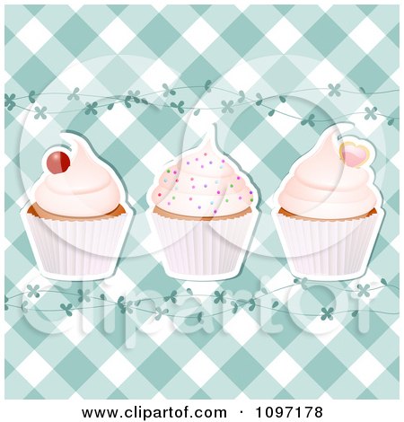 Clipart Blue Gingham Cupcake Background With Vines - Royalty Free Vector Illustration by elaineitalia