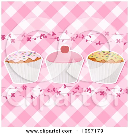 Clipart Pink Gingham Cupcake Background With Vines - Royalty Free Vector Illustration by elaineitalia