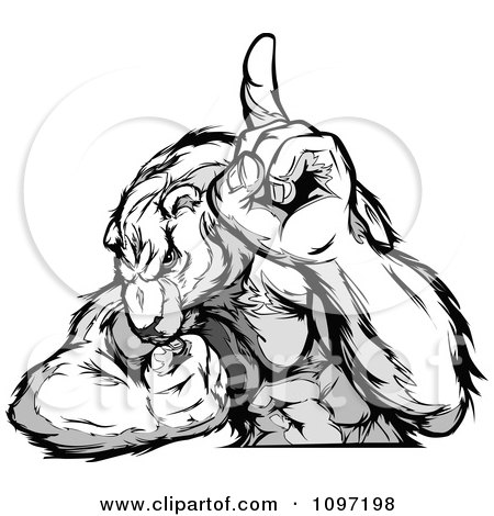 Clipart Grayscale Champion Polar Bear Mascot Flexing And Holding Up A Finger - Royalty Free Vector Illustration by Chromaco