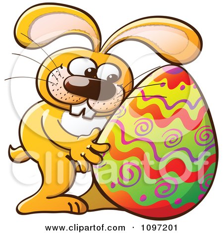 Clipart Happy Orange Easter Bunny Hugging A Decorated Egg - Royalty Free Vector Illustration by Zooco