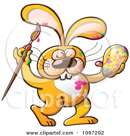 Clipart Messy Orange Easter Bunny Getting Paint On His Body While Decorating An Egg - Royalty Free Vector Illustration by Zooco