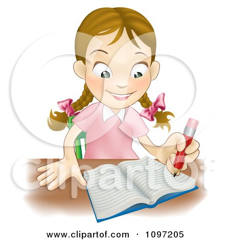 Clipart Happy Caucasian School Girl Writing In A School Notebook - Royalty Free Vector Illustration by AtStockIllustration