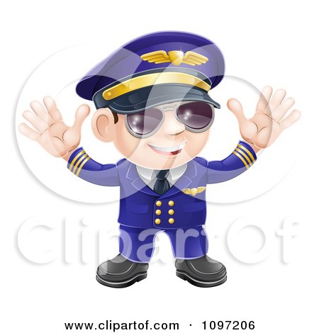 Clipart Friendly Airline Pilot Wearing Sunglasses And Waving With Both Hands - Royalty Free Vector Illustration by AtStockIllustration