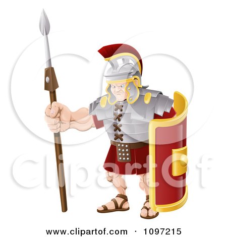 Clipart Buff Roman Soldier With A Shield And Spear - Royalty Free Vector Illustration by AtStockIllustration