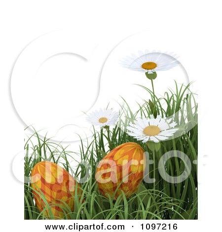 Clipart 3d Background Of Orange Easter Eggs In Grass With White Daisies - Royalty Free CGI Illustration by KJ Pargeter