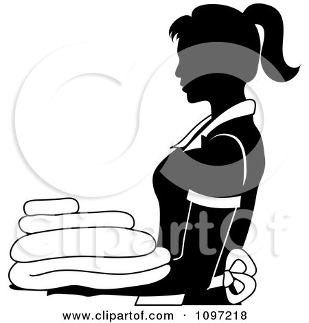 Clipart Black And White House Keeper Or Maid Carrying Linens 3 - Royalty Free Vector Illustration by Pams Clipart
